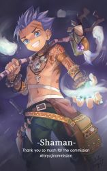Rule 34 | 1boy, artist request, bare tree, blue eyes, commentary, commission, cross, english commentary, highres, magic, male focus, navel, original, purple hair, shaman, skull belt, smile, solo, tattoo, teeth, tree