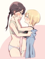 Rule 34 | 2girls, bad id, bad pixiv id, blonde hair, brown eyes, brown hair, closed eyes, erica hartmann, gertrud barkhorn, hands on another&#039;s face, jacket, kodamari, light blush, long hair, looking at another, multiple girls, navel, open mouth, panties, pink background, ponytail, short hair, simple background, smile, strike witches, tank top, underwear, underwear only, white background, world witches series, yuri
