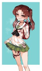 Rule 34 | 1girl, absurdres, aomushi (mushamusha), backpack, bag, bikini, blush, body writing, breasts, brown eyes, brown hair, clothes lift, collarbone, condom, dildo, eyebrows, feet out of frame, female focus, girls und panzer, green skirt, grin, hair ornament, hair ribbon, heart, heart-shaped pupils, highres, kadotani anzu, lifting own clothes, long hair, long sleeves, long twintails, looking at viewer, micro bikini, multiple condoms, navel, object insertion, ooarai school uniform, parted bangs, pleated skirt, pussy juice, red bikini, remote control vibrator, ribbon, sailor collar, school uniform, see-through, sex toy, simple background, skirt, skirt lift, small breasts, smile, solo, standing, swimsuit, symbol-shaped pupils, tally, teeth, thigh strap, twintails, used condom, vaginal, vaginal object insertion, vibrator