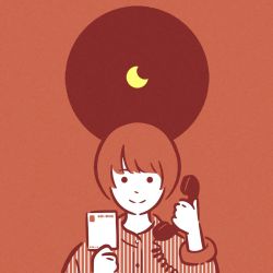 Rule 34 | 1girl, circle, crescent, holding, holding phone, long sleeves, looking at viewer, miyoshi yoshimi, original, phone, red hair, red theme, shirt, short hair, smile, solo, striped clothes, striped shirt, upper body