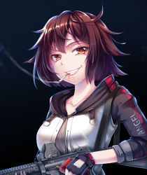 Rule 34 | 1girl, arknights, black background, black gloves, box, breasts, brown hair, chinese commentary, cigarette, cigarette pack, collarbone, commentary request, exusiai (arknights), gloves, grey shirt, grin, gun, highres, holding, holding box, holding gun, holding weapon, jacket, looking at viewer, medium breasts, mouth hold, orange eyes, raglan sleeves, rock.fc, shirt, short hair, smile, smoking, solo, teeth hold, upper body, weapon, white jacket