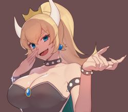 Rule 34 | 1girl, absurdres, armlet, bare shoulders, black dress, blonde hair, blue eyes, bowsette, bracelet, breasts, collar, covering own mouth, crown, dress, earrings, fangs, highres, horns, jewelry, kana (peropepero), large breasts, long hair, mario (series), new super mario bros. u deluxe, nintendo, open mouth, ponytail, smug, spiked bracelet, spiked collar, spikes, strapless, strapless dress, super crown, turtle shell, upper body