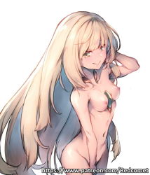 Rule 34 | 1girl, blonde hair, breasts, cowboy shot, creatures (company), game freak, green eyes, grin, long hair, looking at viewer, lusamine (pokemon), navel, nintendo, nipples, nude, pokemon, pokemon sm, redcomet, simple background, small breasts, smile, solo, very long hair, watermark, web address, white background