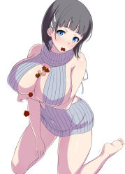 Rule 34 | 1girl, arm under breasts, black hair, blue eyes, blush, breasts, candy, chocolate, chocolate heart, chocolate on body, chocolate on breasts, cleavage, cleavage cutout, closed mouth, clothing cutout, covered navel, food, food on body, grey sweater, hair ornament, hairclip, heart, highres, kawase seiki, kirigaya suguha, kneeling, large breasts, looking at viewer, mouth hold, shiny skin, short hair, simple background, solo, striped clothes, striped sweater, sweater, sword art online, turtleneck, turtleneck sweater, white background