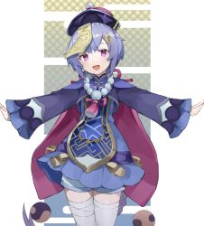 Rule 34 | 1girl, absurdres, braid, braided ponytail, genshin impact, hair ornament, hat, highres, jiangshi, long sleeves, looking at viewer, open mouth, outstretched arms, purple eyes, purple hair, qingdai guanmao, qiqi (genshin impact), ryou (ponpgo), smile, solo, spread arms, thighhighs, white thighhighs