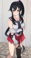 Rule 34 | 1girl, arm under breasts, asymmetrical legwear, black hair, black necktie, black sailor collar, breasts, closed mouth, commentary request, commission, garter straps, gloves, hand on own arm, highres, holding own arm, kantai collection, long hair, looking at viewer, medium breasts, midriff, necktie, pleated skirt, ponytail, red eyes, red skirt, sailor collar, school uniform, scrunchie, serafuku, shirt, sidelocks, single thighhigh, skeb commission, skirt, sleeveless, sleeveless shirt, solo, thighhighs, toriniku senshi chikinman, uneven legwear, white gloves, white shirt, yahagi (kancolle)
