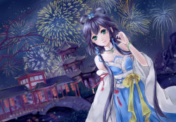 Rule 34 | 1girl, aerial fireworks, architecture, bad id, bad pixiv id, bare shoulders, chinese clothes, east asian architecture, fireworks, green eyes, hair rings, luo tianyi, night, solo, vocaloid