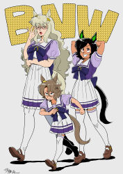 1980s_(style) 3girls absurdres animal_ears arms_behind_head baaang_joe bandaid bandaid_on_cheek bandaid_on_face biwa_hayahide_(umamusume) black_hair blue_eyes bnw_(umamusume) bow bowtie brown_footwear brown_hair closed_eyes glasses grey_background grey_hair hair_between_eyes hair_ornament hairclip highres horse_ears horse_girl horse_tail horseshoe_ornament loafers long_hair multiple_girls narita_taishin_(umamusume) oldschool pleated_skirt puffy_short_sleeves puffy_sleeves purple_bow purple_bowtie purple_shirt red-framed_eyewear retro_artstyle sailor_collar sailor_shirt school_uniform semi-rimless_eyewear shirt shoes short_hair short_sleeves signature simple_background skirt tail thighhighs tracen_school_uniform umamusume under-rim_eyewear very_long_hair walking white_skirt white_thighhighs winning_ticket_(umamusume)