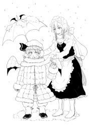 Rule 34 | 2girls, apron, arm at side, bat wings, boots, braid, coat, earmuffs, female focus, frilled apron, frills, full body, fur trim, gioha, greyscale, hat, hat ribbon, izayoi sakuya, legs apart, long sleeves, looking at another, maid headdress, mob cap, monochrome, multiple girls, neck ribbon, remilia scarlet, ribbon, runny nose, scarf, simple background, skirt, skirt set, smile, snot, snow, snowing, standing, touhou, twin braids, umbrella, vampire, waist apron, white background, wings, winter, winter clothes