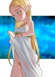 Rule 34 | 1girl, aged down, blonde hair, blonde pubic hair, blush, breasts, clothes lift, commentary, dress, dress lift, elf, female pubic hair, green eyes, highres, lifted by self, long hair, nintendo, pointy ears, princess zelda, pubic hair, see-through, small breasts, solo, tanaka ahiru, tears, the legend of zelda, the legend of zelda: breath of the wild, wet, wet clothes