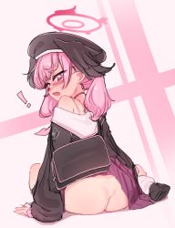 Rule 34 | !, 1girl, arm support, ass, bag, black footwear, black hat, black shirt, blue archive, blush, clothes lift, from behind, halo, hat, head wings, itsukarine, koharu (blue archive), long hair, long sleeves, looking back, nose blush, open mouth, pink eyes, pink hair, school bag, shirt, sitting, skirt, skirt lift, socks, solo, twintails, white socks, winged hat, wings
