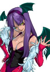 Rule 34 | artist request, bat wings, breasts, cleavage, corset, cosplay, costume, gaia online, headband, long hair, lowres, moira (gaia online), purple hair, smile, tattoo, wings, yellow eyes