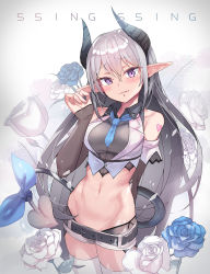 Rule 34 | 1girl, absurdres, bare shoulders, black sleeves, blue flower, blue necktie, blue rose, blush, breasts, collared shirt, commentary, copyright request, detached sleeves, flower, grey background, grey hair, grey shirt, groin, hair between eyes, hand up, head tilt, heart, highres, horns, long hair, long sleeves, looking at viewer, medium breasts, micro shorts, navel, necktie, newey, parted lips, petals, pointy ears, purple eyes, rose, shirt, short necktie, shorts, sleeveless, sleeveless shirt, sleeves past wrists, solo, very long hair, white flower, white rose, white shorts