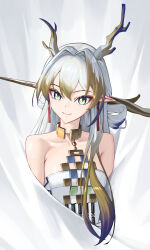 Rule 34 | 1girl, absurdres, aqua eyes, arknights, bare shoulders, blonde hair, bowlp, choker, commentary, eyeshadow, hair intakes, highres, horns, jewelry, long hair, looking at viewer, makeup, multicolored hair, necklace, shu (arknights), smile, solo, strapless, streaked hair, tube top, upper body, very long hair, white hair
