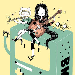 Rule 34 | 1girl, 1other, 2boys, adventure time, aji, alternate size, animal hood, axe guitar, backpack, bag, bass guitar, bear hood, black hair, blonde hair, blush, bmo, breasts, cleavage, closed eyes, commentary, creature, crossed legs, d-pad, dog, electric bass, electric guitar, facing viewer, finn the human, flip-flops, flute, guitar, hood, instrument, jake the dog, limited palette, long hair, marceline abadeer, multiple boys, music, musical note, one eye closed, pants, playing instrument, pointy ears, robot, sandals, shirt, shorts, simple background, sitting, small breasts, t-shirt, tajima naoto, tally, tambourine, torn clothes, vampire, very long hair, yellow background