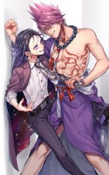 Rule 34 | 2boys, alternate costume, bead necklace, beads, belt, black belt, black hair, black pants, blouse, chain, checkered clothes, checkered neckwear, chest tattoo, clothing request, collarbone, collared shirt, commentary request, danganronpa (series), danganronpa v3: killing harmony, dress shirt, earrings, foot out of frame, grin, hands up, highres, jacket, japanese clothes, jewelry, kimono, leg up, looking at another, male focus, momota kaito, multiple boys, nanin, necklace, necktie, necktie grab, neckwear grab, oma kokichi, pants, pectorals, pink jacket, pink kimono, purple eyes, shirt, smile, space print, spiked hair, starry sky print, tattoo, teeth, white shirt