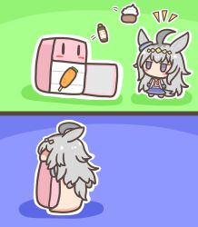 Rule 34 | 2koma, ahoge, animal ears, blue sailor collar, blue skirt, blush stickers, carrot, comic, commentary, crossover, ear ornament, food, green background, grey eyes, grey hair, hairband, horse ears, horse girl, horse tail, ice cream, jitome, kirby, long hair, long sleeves, midriff peek, mouthful mode, muji, multicolored hair, neckerchief, no mouth, notice lines, oguri cap (umamusume), open mouth, outline, purple background, red neckerchief, refrigerator, role reversal, sailor collar, shadow, silent comic, skirt, tail, tossing, trait connection, umamusume, very long hair, vore, yellow hairband, | |