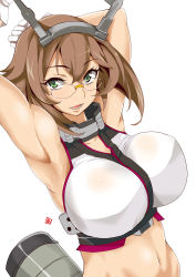Rule 34 | 10s, 1girl, aoi manabu, armpits, bespectacled, blush, breasts, brown hair, glasses, gloves, green eyes, hairband, headgear, kantai collection, large breasts, midriff, mutsu (kancolle), navel, open mouth, rimless eyewear, short hair, simple background, smile, solo, white background, white gloves