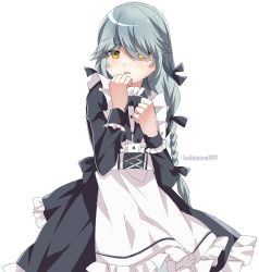 Rule 34 | 1girl, ahoge, alternate costume, apron, black dress, braid, commentary request, dress, enmaided, frilled apron, frilled dress, frills, grey hair, hair over eyes, hamanami (kancolle), highres, kantai collection, kukimaru, long hair, maid, maid headdress, one-hour drawing challenge, simple background, single braid, solo, twitter username, white apron, white background, yellow eyes