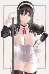Rule 34 | 1girl, black hair, black thighhighs, blush, breasts, cleavage, detached collar, green eyes, hairband, highres, kfr, large breasts, long hair, long sleeves, looking at viewer, maid, original, solo, thighhighs, thighs