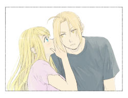 Rule 34 | 1boy, 1girl, ahoge, arm at side, beige shirt, black border, blonde hair, blue eyes, blue shirt, border, cupping hands, ear piercing, earrings, edward elric, eyes visible through hair, fullmetal alchemist, hanayama (inunekokawaii), jewelry, leaning to the side, long hair, looking away, own hands together, piercing, profile, shirt, simple background, upper body, whispering, white background, winry rockbell, yellow eyes