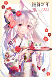Rule 34 | 1girl, 2023, :d, animal ears, border, commentary request, cowboy shot, fake animal ears, floral background, floral print, floral print kimono, flower, food, hair flower, hair ornament, happy new year, holding, holding tray, japanese clothes, kimono, long hair, long sleeves, looking at viewer, nengajou, new year, obi, obiage, obijime, open mouth, original, outside border, parted lips, plastic moon, rabbit ears, red eyes, red flower, sash, smile, solo, tray, twintails, white background, white hair, white kimono, wide sleeves, yellow border