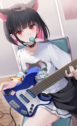 Rule 34 | 1girl, absurdres, animal ears, bass guitar, black choker, black hair, black jacket, black wristband, blue archive, blunt bangs, blunt ends, breasts, cat ears, cat girl, choker, clothes around waist, colored inner hair, commentary, crossed legs, ear down, ear piercing, earrings, electric guitar, extra ears, food, food in mouth, guitar, hair ornament, hairclip, halo, highres, instrument, ion (on01e), jacket, jacket around waist, jewelry, kazusa (band) (blue archive), kazusa (blue archive), looking at viewer, macaron, mask pull, medium breasts, multicolored hair, music, official alternate costume, on chair, piercing, pink hair, pink halo, playing instrument, print shirt, red eyes, reflective floor, ring, shirt, short hair, sitting, skirt, small breasts, solo, sticker, upper body, white shirt, white skirt