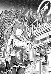 Rule 34 | 1girl, absurdres, architecture, breasts, building, comet, cone hair bun, cyberpunk, east asian architecture, from below, genshin impact, gloves, hair bun, highres, holding, holding quill, hologram, keqing (genshin impact), long hair, long sleeves, looking ahead, medium breasts, night, night sky, pantyhose, qingwa chi she, quill, sky, skyscraper, solo, star (sky), starry sky, twintails