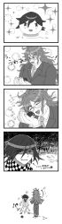 Rule 34 | 2boys, 5koma, :d, ametant, angry, annoyed, character doll, checkered clothes, checkered scarf, collared shirt, comic, danganronpa (series), danganronpa v3: killing harmony, glasses, gokuhara gonta, greyscale, hair between eyes, highres, jacket, long hair, long sleeves, male focus, messy hair, monochrome, multiple boys, necktie, open mouth, oma kokichi, pants, round eyewear, scarf, shirt, short hair, smile, teeth, throwing, translation request, upper teeth only