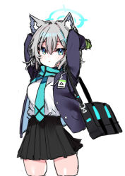 Rule 34 | 1girl, animal ear fluff, animal ears, aqua eyes, aqua scarf, arms up, bag, black skirt, blazer, blue archive, blush, breasts, gloves, green gloves, grey hair, hair between eyes, hair ornament, halo, id card, jacket, medium breasts, open mouth, pinch (nesume), pleated skirt, scarf, shiroko (blue archive), shirt, simple background, skirt, solo, white background, white shirt, x hair ornament
