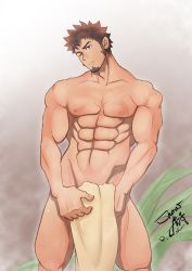 Rule 34 | 1boy, abs, bara, blue eyes, brown hair, covering crotch, covering privates, facial hair, fate/grand order, fate (series), goatee, huzee tiger, large pectorals, long sideburns, looking at viewer, male focus, muscular, naked towel, napoleon bonaparte (fate), nude cover, pectorals, scar, sideburns, simple background, solo, towel