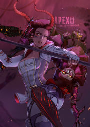 Rule 34 | 1boy, 1girl, apex legends, ass, braid, breasts, brown hair, classic revenant, collaboration, commentary, copyright name, corset, cropped jacket, english commentary, eureka1812, falling, floating hair, fur trim, glowing, glowing eyes, gradient hair, highres, holding, holding staff, humanoid robot, ifragmentix, jacket, loba (apex legends), medium breasts, multicolored hair, open hand, orange eyes, parted lips, red hair, revenant (apex legends), robot, simulacrum (titanfall), staff, twin braids, twisted torso, white jacket, yellow eyes