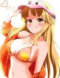 Rule 34 | 1girl, :q, absurdres, arm up, bang dream!, bare shoulders, blonde hair, blunt bangs, blush, breasts, character hat, cleavage, clothes writing, collarbone, commentary request, diagonal bangs, hat, heart, highres, jacket, large breasts, long hair, looking at viewer, michelle (bang dream!), natsuyoshi (natsun), navel, off shoulder, orange jacket, partial commentary, pink hat, sidelocks, simple background, smile, solo, standing, stomach, tongue, tongue out, tsurumaki kokoro, underboob, upper body, visor cap, white background, yellow eyes
