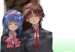 Rule 34 | 1boy, 1girl, against tree, black jacket, blazer, blue hair, bow, brown hair, closed eyes, closed mouth, collared shirt, commentary request, hairband, jacket, little busters!, little busters! school uniform, naoe riki, necktie, nishizono mio, open mouth, outdoors, pink bow, red hairband, red necktie, sai (aysityan), school uniform, shirt, short hair, side-by-side, sleeping, smile, tree, upper body, white shirt