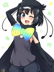 Rule 34 | 1girl, ;d, absurdres, antennae, arm up, black cape, black gloves, black hat, black shirt, black shorts, blue eyes, blush, bow, bowtie, cape, commentary, elbow gloves, fur collar, gloves, hat, head wings, highres, kemono friends, multicolored neckwear, one eye closed, open mouth, puffy shorts, round teeth, shiraha maru, shirt, shorts, signature, simple background, sketch, sleeveless, sleeveless shirt, smile, solo, teeth, upper teeth only, western parotia (kemono friends), white background, wings