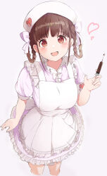 Rule 34 | 1girl, :d, absurdres, apron, blunt bangs, bow, braided hair rings, brown eyes, brown hair, commentary request, dress, hair bow, hair rings, hat, heart, highres, idolmaster, idolmaster shiny colors, looking at viewer, nurse, nurse cap, open mouth, pink background, pink dress, puffy short sleeves, puffy sleeves, raichita, short sleeves, smile, solo, sonoda chiyoko, syringe, white apron