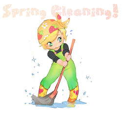 Rule 34 | 1girl, blonde hair, boots, broom, chibi, diana jakobsson, female focus, full body, original, overalls, rubber boots, self-portrait, solo, sparkle, water, white background