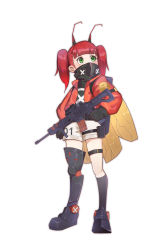 Rule 34 | 1girl, antennae, asymmetrical legwear, belt, black footwear, black gloves, black socks, blunt bangs, fake wings, full body, gloves, green eyes, gun, highres, holding, holding gun, holding weapon, jacket, kneehighs, looking afar, mask, original, pouch, red hair, red jacket, short twintails, shorts, simple background, single kneehigh, single sock, socks, solo, standing, tachi-e, thigh pouch, twintails, uneven legwear, weapon, white background, white shorts, wings, yiqing (yohare)
