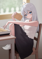 Rule 34 | 1girl, absurdres, ahoge, bare arms, bare shoulders, black skirt, blue eyes, blurry, blurry background, camisole, chair, closed mouth, commentary request, depth of field, elaina (majo no tabitabi), grey hair, hair between eyes, highres, holding, indoors, knees up, long hair, looking at viewer, majo no tabitabi, nagisa (cxcx5235), on chair, sitting, skirt, solo, table, white camisole, window
