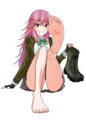 Rule 34 | 1girl, absurdres, barefoot, boots, unworn boots, feet, grin, highres, light blush, long hair, looking at viewer, panties, pantyshot, pink hair, shoes, unworn shoes, smile, soles, toes, transparent background, underwear