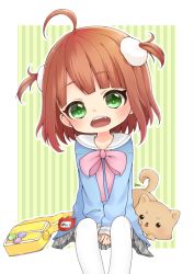 Rule 34 | 1girl, ahoge, animal, artist name, bad id, bad pixiv id, bag, blue shirt, blush, bow, brown hair, cat, commentary request, copyright request, fang, green eyes, grey skirt, hair ornament, kindergarten bag, kindergarten uniform, long hair, long sleeves, looking at viewer, open mouth, osanai mei, pantyhose, pink bow, plaid, plaid skirt, pleated skirt, reo (re2kn), shirt, sitting, skirt, sleeves past wrists, solo, striped, striped background, two side up, vertical stripes, virtual youtuber, white pantyhose