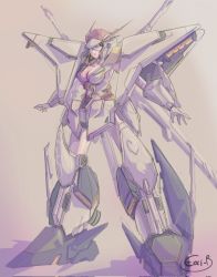 Rule 34 | 1girl, black hair, breasts, cleavage, exiray, frown, gloves, green eyes, gundam, gundam hathaway&#039;s flash, highres, large breasts, looking at viewer, mecha musume, open hands, personification, shadow, signature, sketch, solo, v-fin, white gloves, xi gundam
