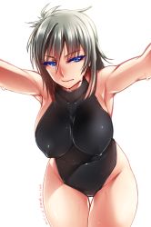 Rule 34 | 1girl, all fours, armpits, bare arms, bare shoulders, blue eyes, breasts, covered erect nipples, curvy, dated, female focus, grey hair, hanging breasts, large breasts, looking at viewer, original, short hair, simple background, skin tight, solo, swimsuit, thigh gap, tsuki tokage, water, wavy mouth, wet, white background, wide hips