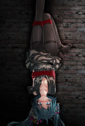 Rule 34 | 1girl, against wall, arms behind back, asymmetrical sleeves, black dress, black footwear, black pantyhose, black ribbon, blue eyes, blue hair, blush, breasts, cleavage, collarbone, dress, floating hair, flower, hair flower, hair ornament, hair ribbon, hairpin, hatsune miku, highres, long hair, looking at viewer, medium breasts, pantyhose, pink ribbon, pleated dress, project diva (series), restrained, ribbon, shiny clothes, shiny legwear, short dress, single sleeve, solo, thighband pantyhose, tsukishiro saika, uneven sleeves, upside-down, vocaloid, white flower