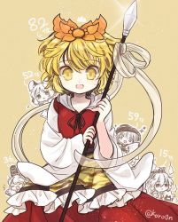 Rule 34 | 5girls, apron, biyon, black ribbon, blonde hair, brown hair, commentary request, dress, flower, hair flower, hair ornament, holding, holding polearm, holding spear, holding weapon, long sleeves, looking at viewer, mononobe no futo, multicolored hair, multiple girls, nazrin, neck ribbon, open mouth, partially colored, polearm, ribbon, short hair, solo focus, spear, sukuna shinmyoumaru, toramaru shou, touhou, veil, waist apron, weapon, wide sleeves, yellow background, yellow eyes, yorigami shion