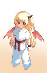 Rule 34 | 1girl, absurdres, animal hair ornament, barefoot, bat (animal), belt, blonde hair, commentary request, dougi, full body, hand on own hip, highres, kuma-bound, martial arts belt, original, pants, pointy ears, red belt, red eyes, simple background, solo, standing, toes, two-tone background, white background, white pants, wings, yellow background
