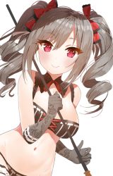 Rule 34 | 10s, 1girl, bad id, bad twitter id, breasts, cleavage, detached collar, drill hair, gloves, grey hair, groin, hair ribbon, idolmaster, idolmaster cinderella girls, kanzaki ranko, looking at viewer, mx2j, navel, red eyes, ribbon, simple background, smile, solo, twin drills
