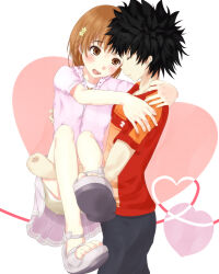 Rule 34 | 1boy, 1girl, bare arms, black hair, blush, brown eyes, brown hair, carrying, carrying person, closed eyes, closed mouth, commentary request, couple, feet out of frame, flower, from side, full body, grey pants, hair flower, hair ornament, heart, heart background, hood, hood down, hoodie, kamijou touma, looking at another, medium hair, miniskirt, misaka mikoto, mismatched eyebrows, open mouth, orange shirt, pants, pink background, pink hoodie, pink skirt, pleated skirt, princess carry, sandals, shin (highest1192), shirt, short hair, short shorts, short sleeves, shorts, shorts under skirt, skirt, spiked hair, teeth, toaru majutsu no index, toaru majutsu no index: new testament, tongue, upper teeth only, walking, white shorts
