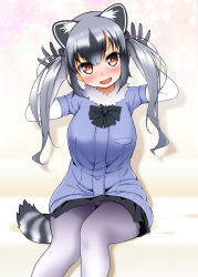 Rule 34 | 10s, 1girl, alternate hair length, alternate hairstyle, animal ear fluff, animal ears, black skirt, blue dress, blush, breasts, brown eyes, common raccoon (kemono friends), dress, elbow gloves, fang, feet out of frame, fur trim, gloves, gradient gloves, gradient legwear, grey gloves, grey hair, hayashi (l8poushou), highres, kemono friends, large breasts, long hair, looking at viewer, multicolored clothes, multicolored legwear, open mouth, panties, pantyhose, pantyshot, pleated skirt, raccoon ears, raccoon tail, ribbon, shadow, sitting, skirt, smile, solo, striped tail, tail, twintails, underwear, white gloves