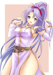 Rule 34 | 1girl, arms up, bare shoulders, bridal gauntlets, dress, el (el406), fire emblem, fire emblem: genealogy of the holy war, hands in hair, high ponytail, highres, holding, holding hair, light purple hair, long hair, looking at viewer, nintendo, open mouth, pelvic curtain, pink background, ponytail, purple eyes, side slit, simple background, sleeveless, sleeveless dress, solo, tailtiu (fire emblem), thighs, very long hair, white dress